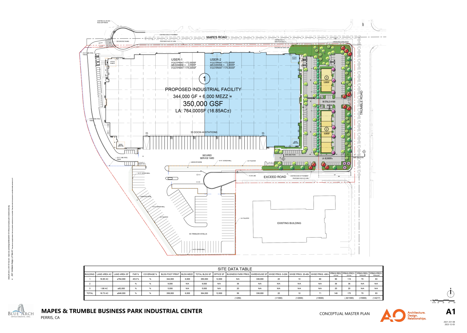 Color Planar Site Plan showing building footpring, auto parking and tractor trailer stalls, with street facing landscaping.